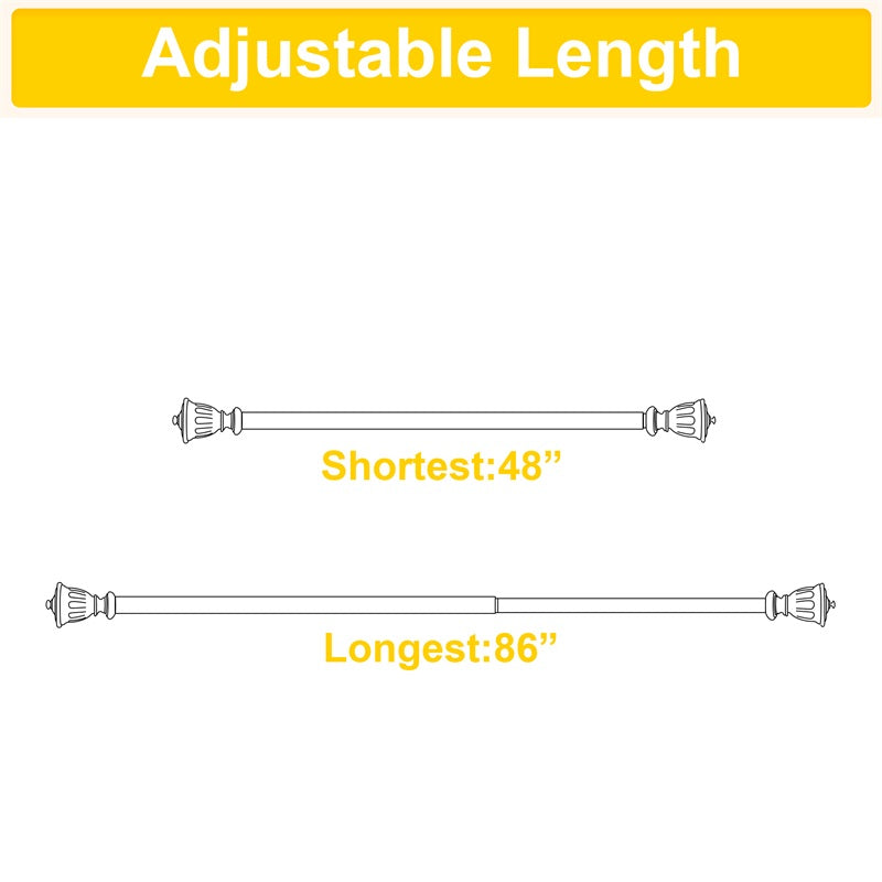 Diagram of adjustable 1-inch black rust-resistant outdoor curtain rod, showing 48" shortest to 86" longest extension.