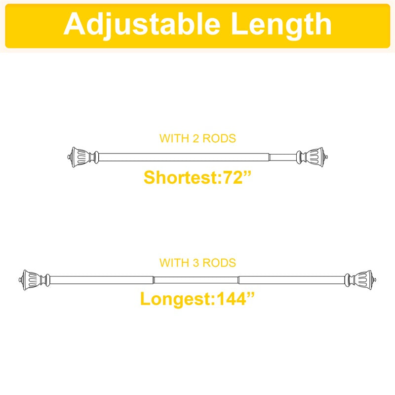 Diagram of 1-inch black outdoor curtain rod showing adjustable length from 72" using 2 sections to 144" with 3 sections.