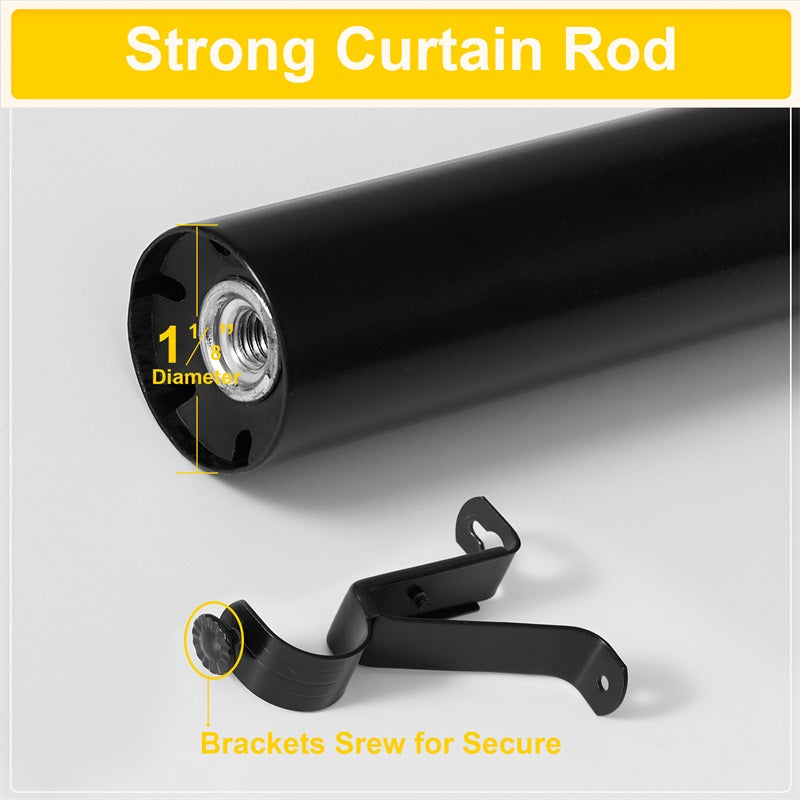 Black heavy-duty outdoor curtain rod, 1 1/8 inch diameter, with a rust-resistant secure mounting bracket and screw.