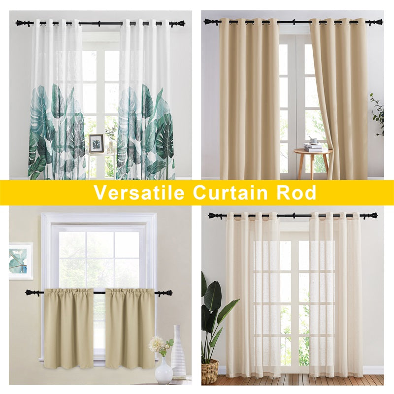 Versatile black rust-resistant outdoor curtain rod shown with diverse curtains: leaf sheers, beige blackout, and cafe window curtains.