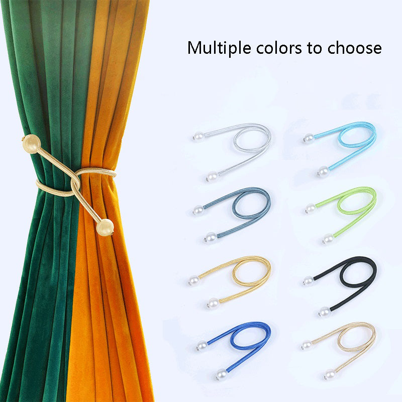 Decorative pearl ball magnetic curtain tieback holding back a green & orange curtain, with multiple color options displayed.