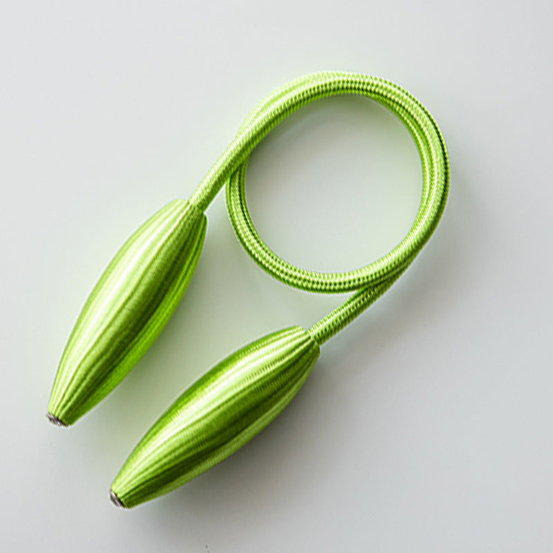 Modern lime green braided curtain tieback with two sleek, ribbed ends, ideal for securing outdoor patio or privacy curtains.