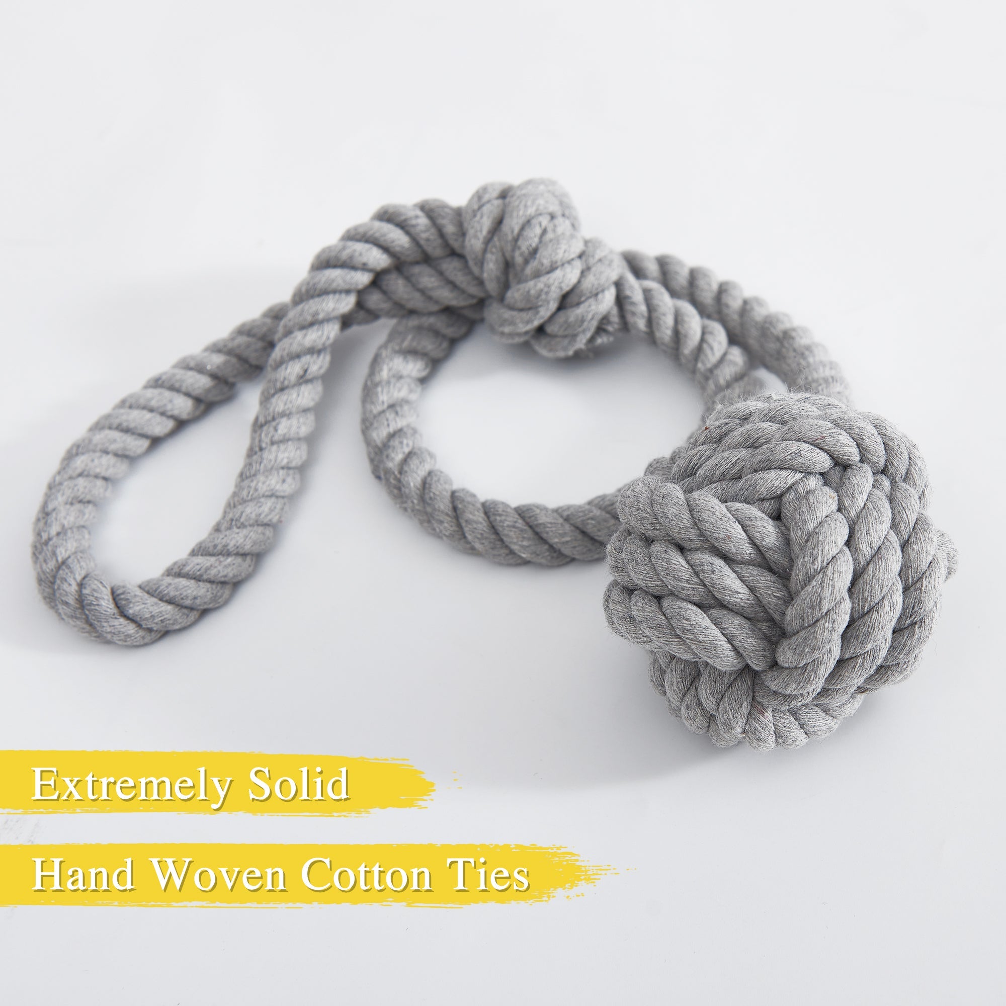 Gray hand-woven cotton macrame curtain tieback with decorative rope knot, perfect for outdoor patio and pergola curtains.
