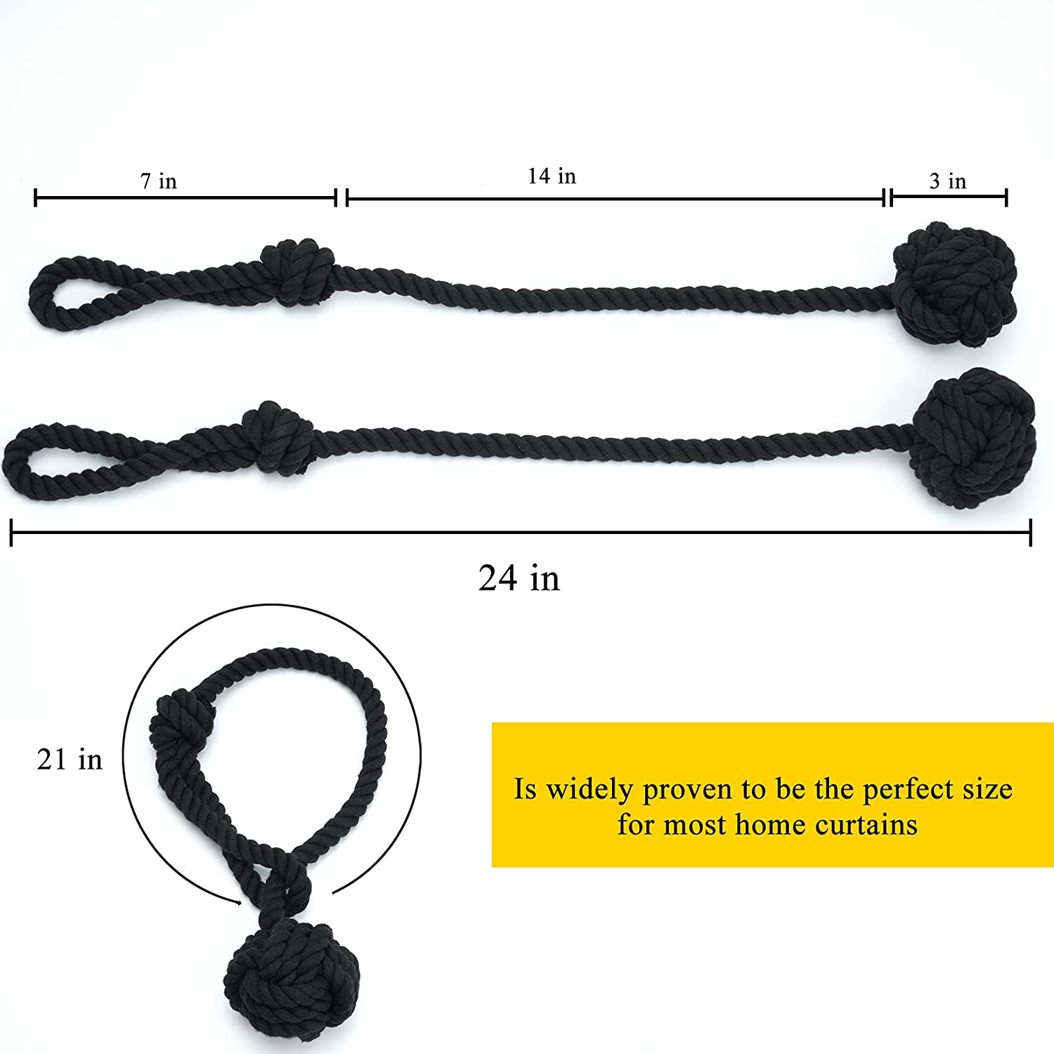 Black macrame rope curtain tiebacks with decorative monkey fist knots. Displays dimensions including total length & circumference.