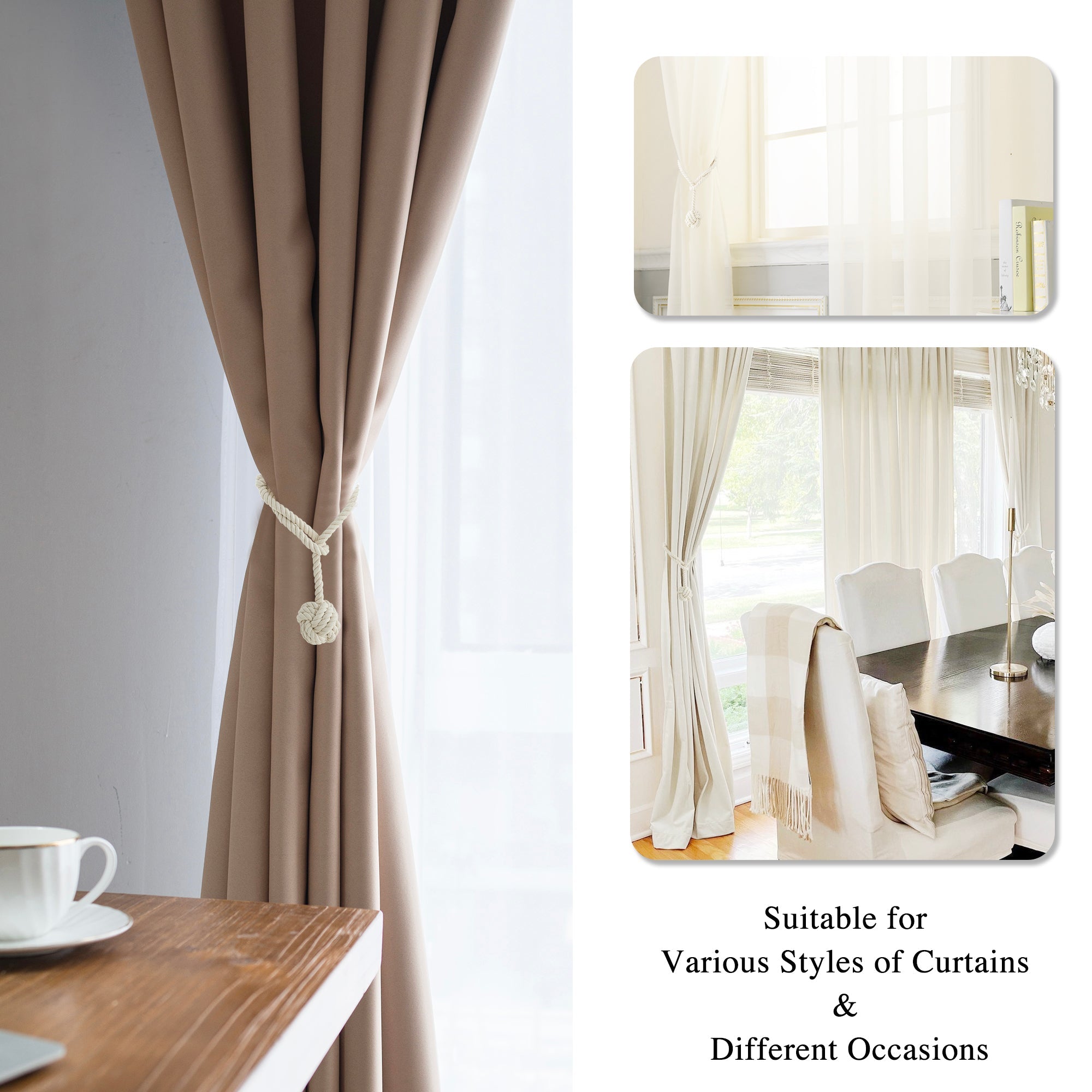 Macrame curtain tieback securing a beige window curtain. Additional views show tiebacks on sheer and cream curtains, highlighting versatility.