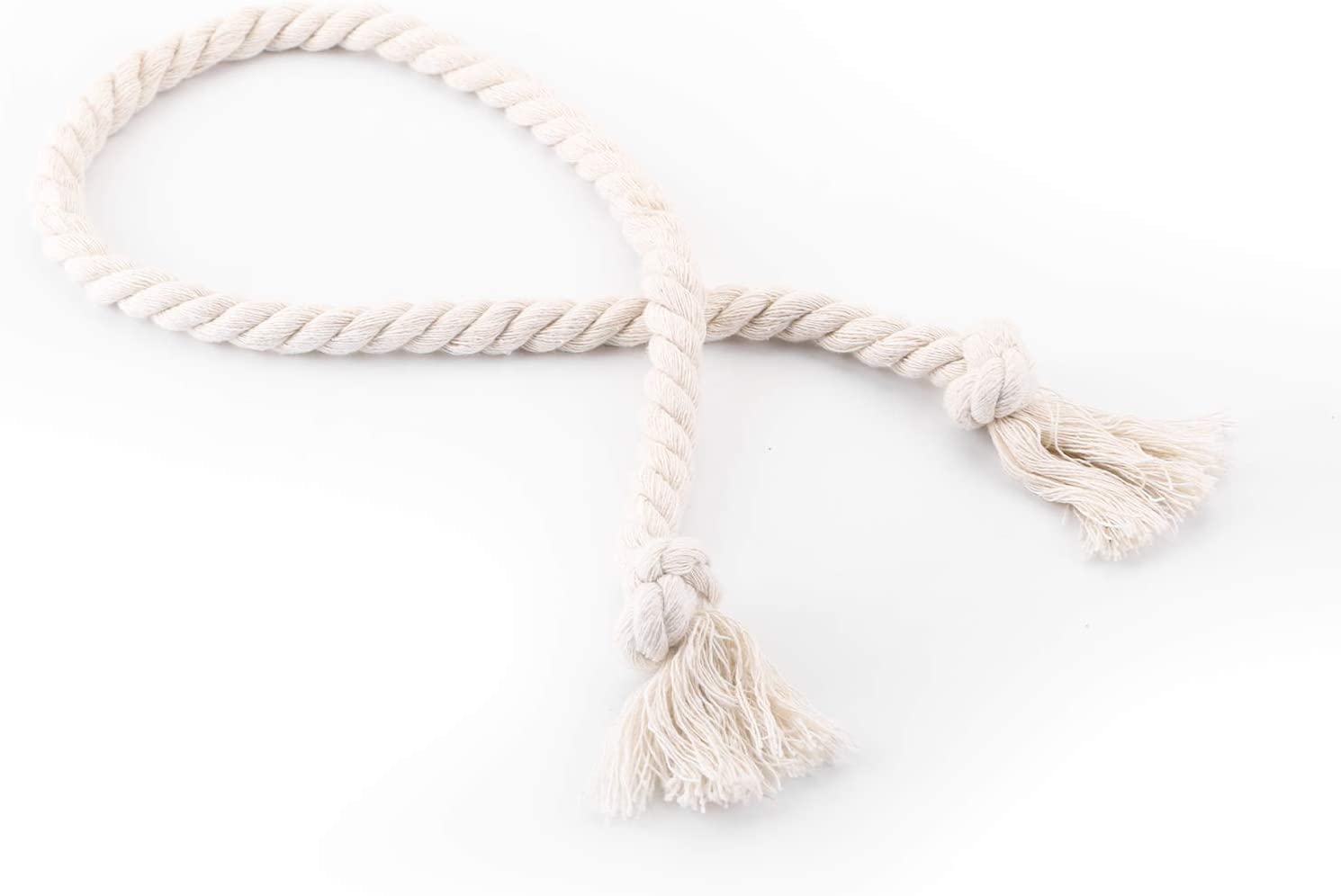 Cream macrame-style twisted cotton rope curtain tieback with decorative knots and fringe tassels, perfect for outdoor patios.