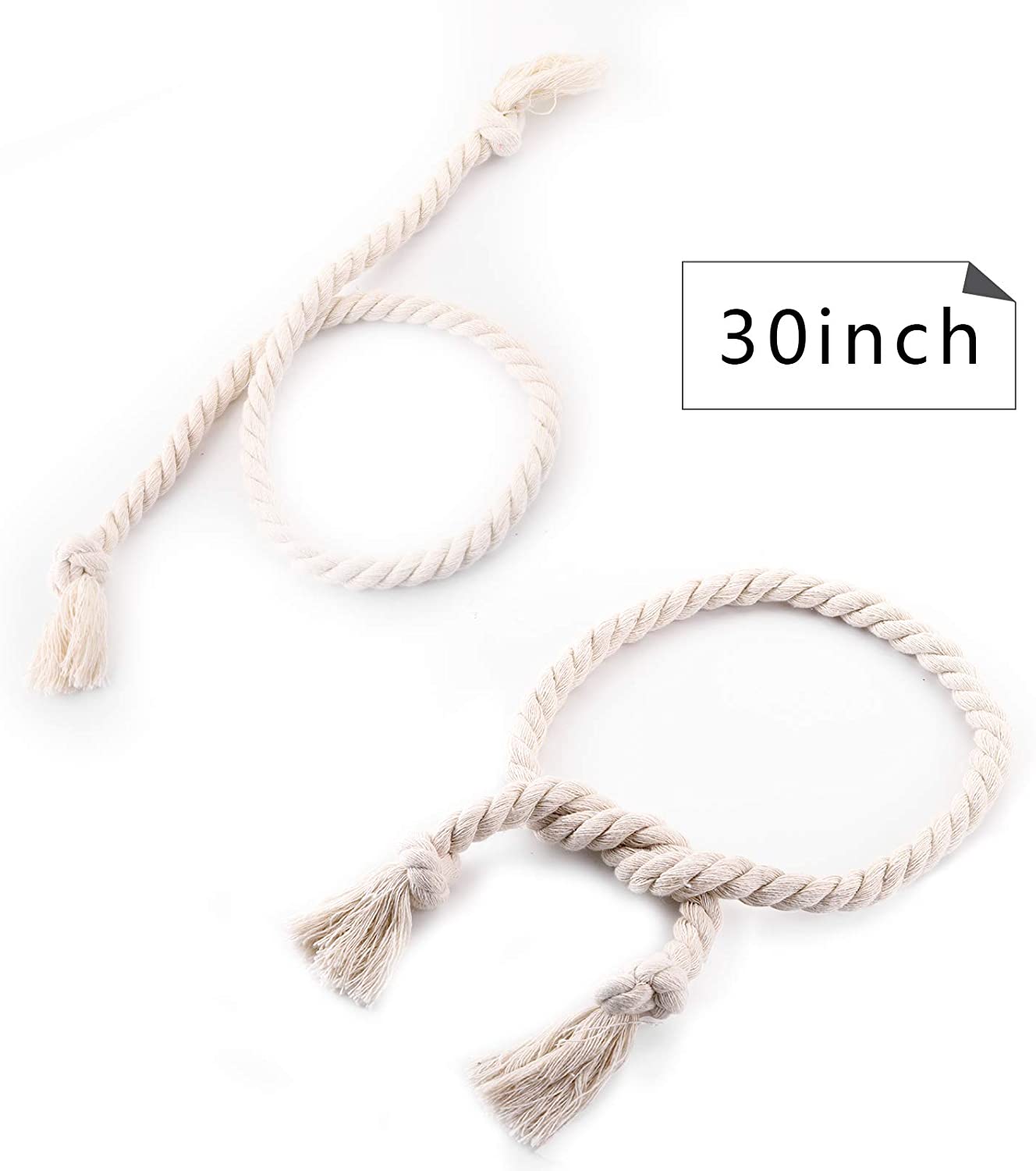 Two 30-inch cream macrame curtain tiebacks with decorative tassels, perfect for outdoor patio and pergola curtains.
