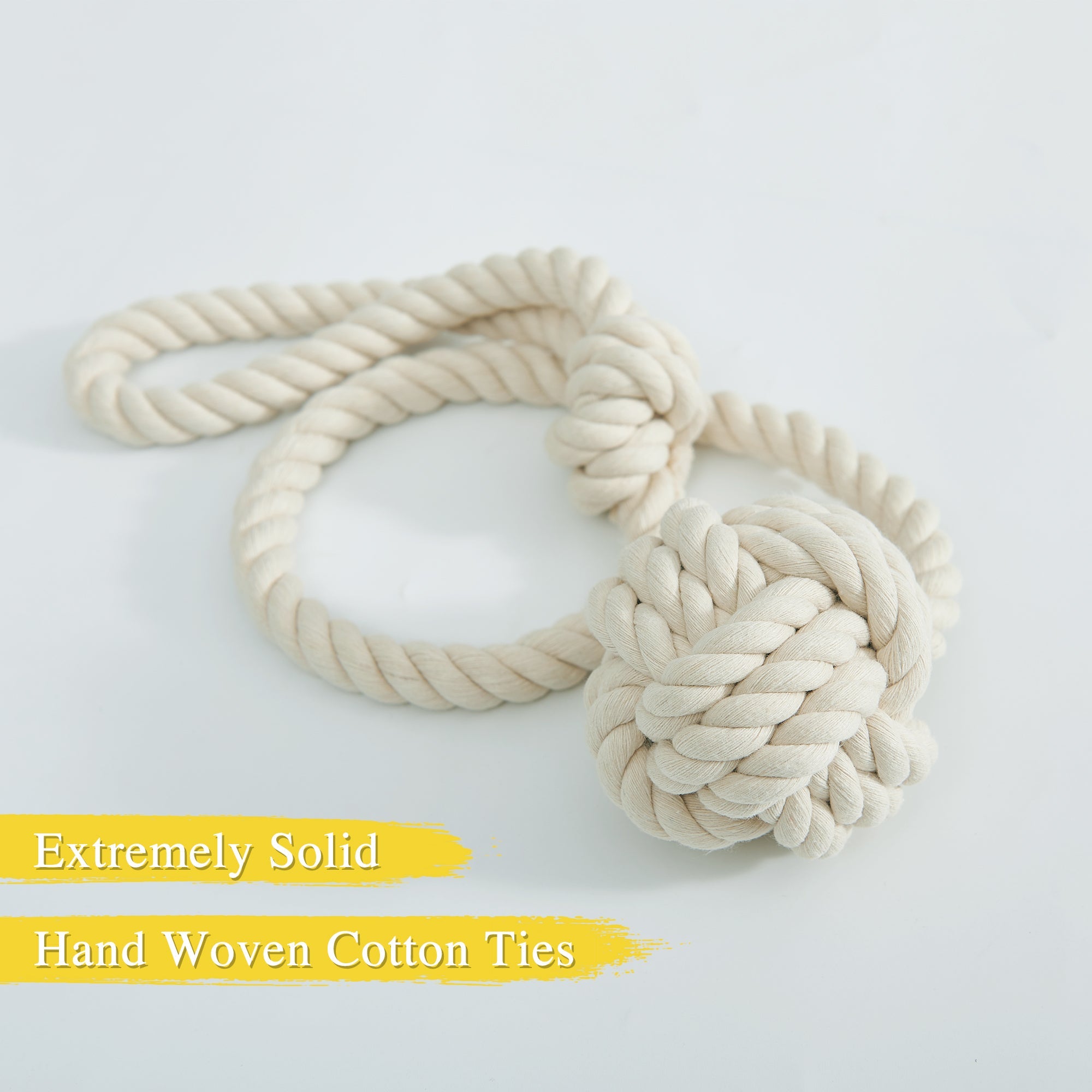 Cream hand-woven cotton rope curtain tieback featuring a solid decorative knot, perfect for patio or outdoor curtains.