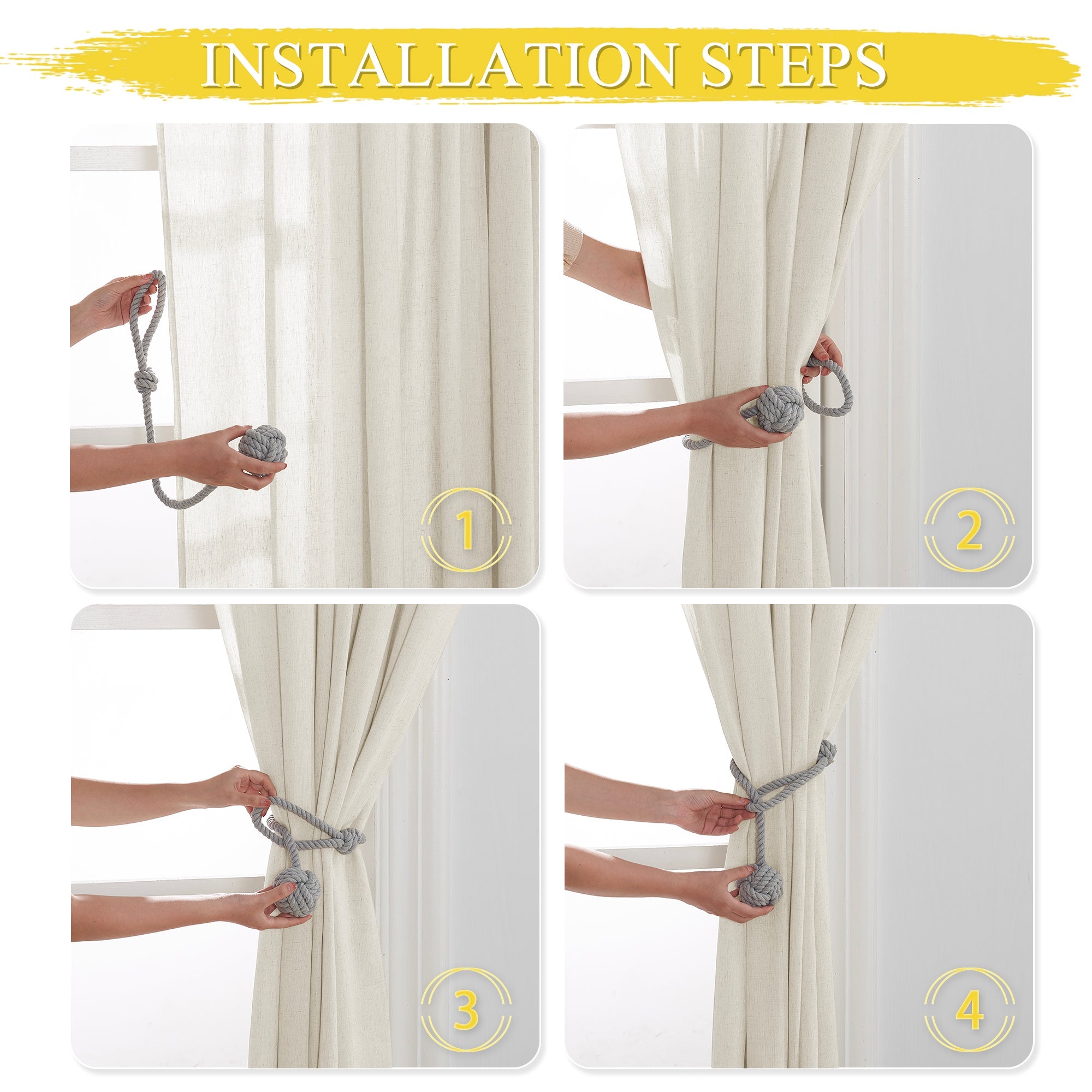 Guide for macrame curtain tiebacks installation. Four steps show securing a light curtain with the grey rope, decorative knot design.