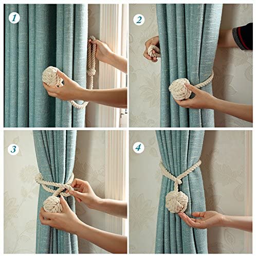 Step-by-step guide: hands securing a pleated teal outdoor curtain with a decorative macrame rope curtain tieback featuring a knot.