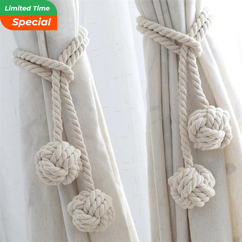 Beige rope macrame curtain tiebacks with decorative knot balls for outdoor patio curtains.