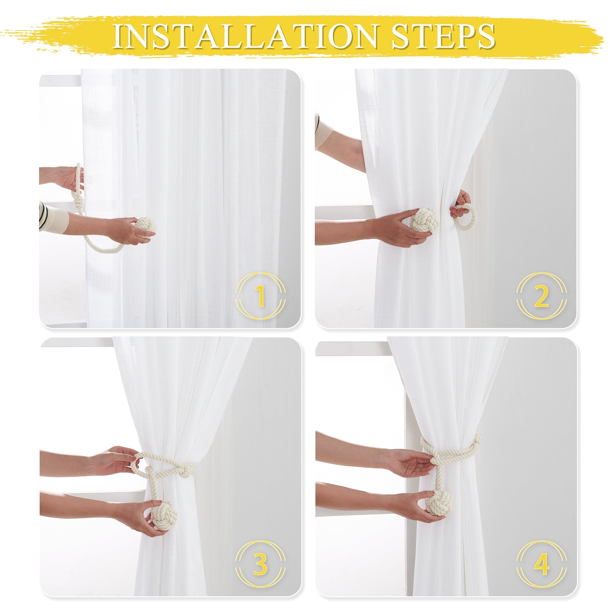 Visual guide: Hands installing white macrame rope curtain tiebacks on sheer window panels, showing 4 distinct steps.