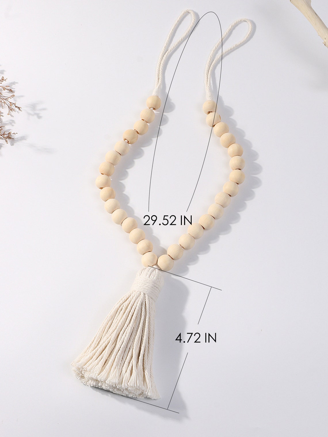 Decorative macrame tassel curtain tieback with natural wooden beads, displaying its 29.52 inch total length and 4.72 inch tassel.