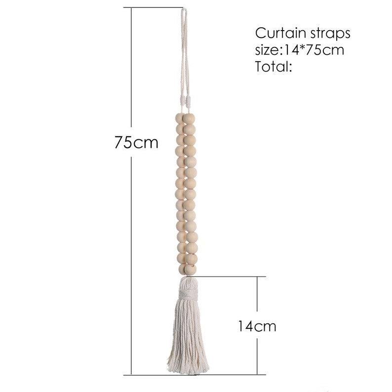 Single natural wood bead and cream macrame tassel curtain tieback, 75cm long. Perfect for outdoor patio curtains.