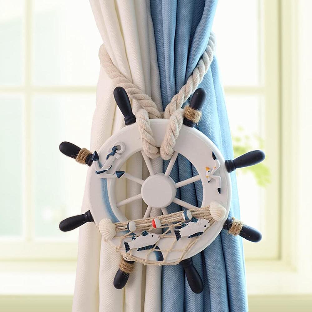 White nautical ship wheel curtain tieback with woven rope, anchor, fishnet & seashells, bundling blue & white curtains.