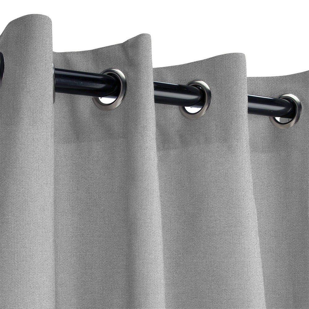 KGORGE Fadenomore™ grey curtain fabric sample, showing heavyweight 100% polyester with silver grommet top.