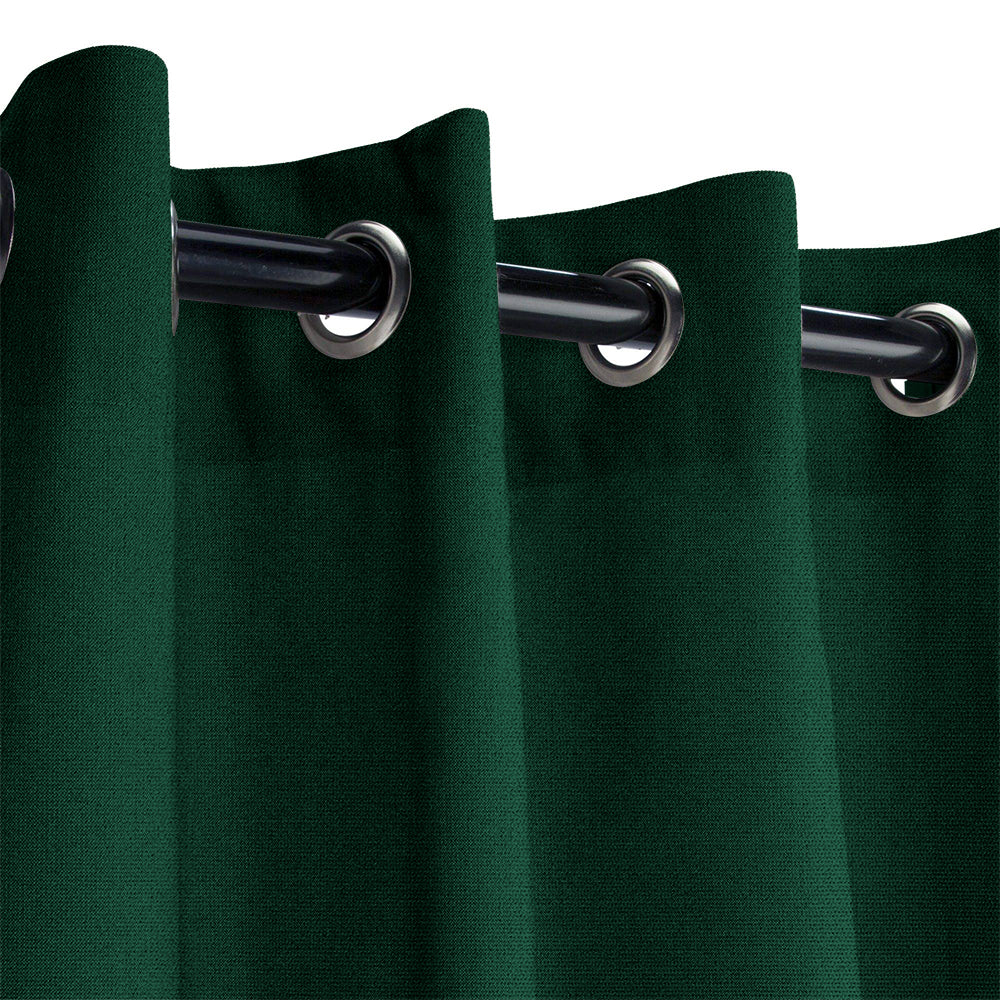 Forest green KGORGE Fadenomore™ outdoor curtain sample, showing weatherproof fabric texture and silver grommets.