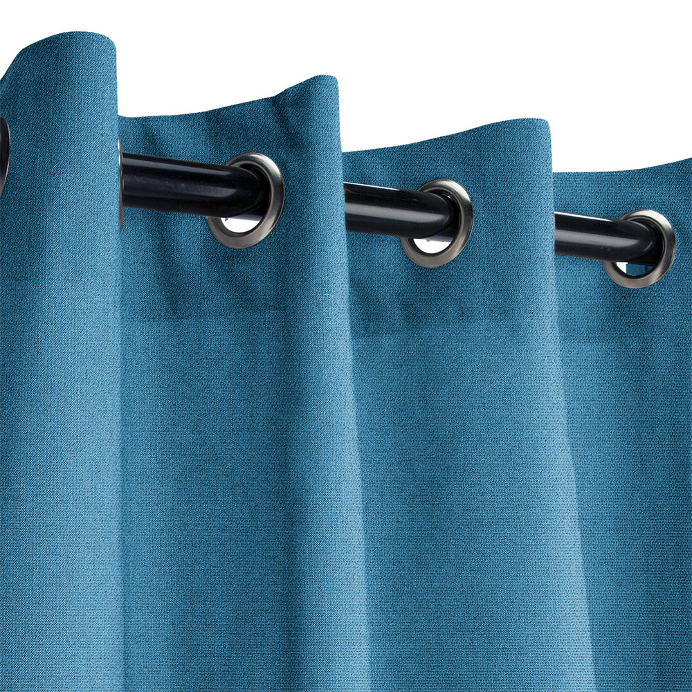 Textured blue Fadenomore™ weatherproof outdoor curtain sample featuring a silver grommet top, ideal for patios.