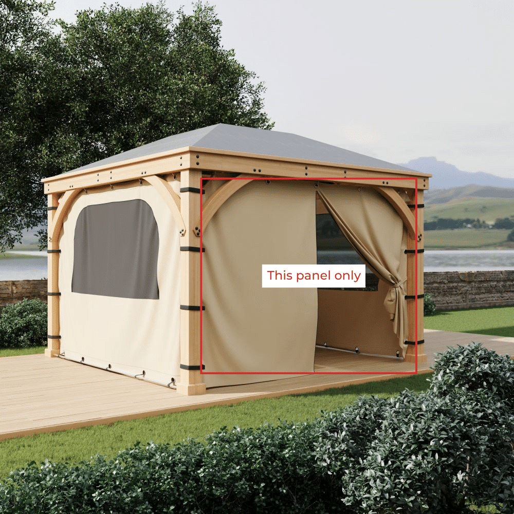 Beige waterproof outdoor gazebo sidewall panel with a tied-back zipper door, revealing a functional mesh window.