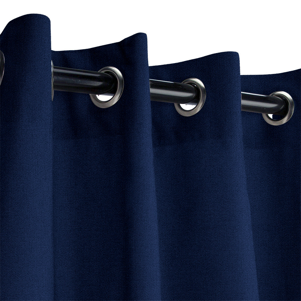 KGORGE Fadenomore fade-resistant navy blue outdoor curtain sample showing silver grommet tops on a black rod.
