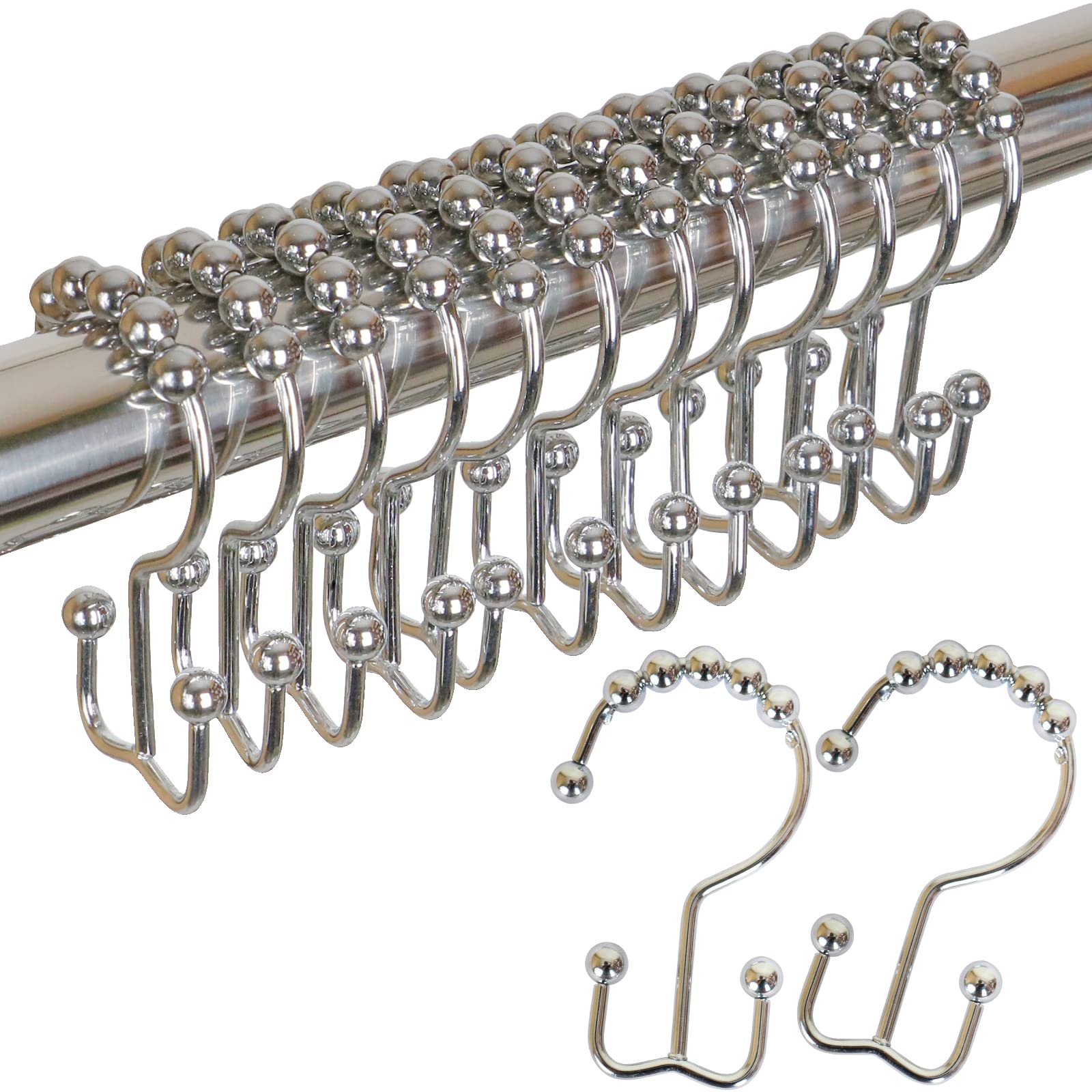 12 chrome double roller glide shower curtain hooks on a rod, featuring 5-ball tops for smooth gliding & separate hooks for curtain/liner.