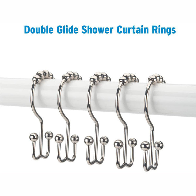 Five stainless steel double roller glide shower curtain hooks on a white rod, showcasing rustproof design with smooth rolling balls.