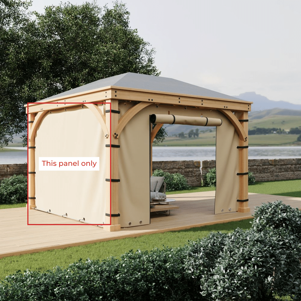KGORGE beige waterproof outdoor sidewall panel installed on a wooden gazebo, providing shade and privacy for patios.