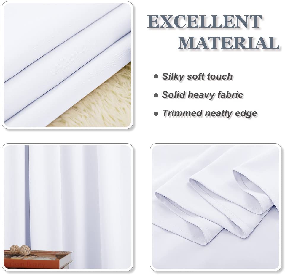 Close-up of white thermal insulated blackout curtain fabric, showing its silky soft touch, solid heavy weave, and neatly trimmed edge.