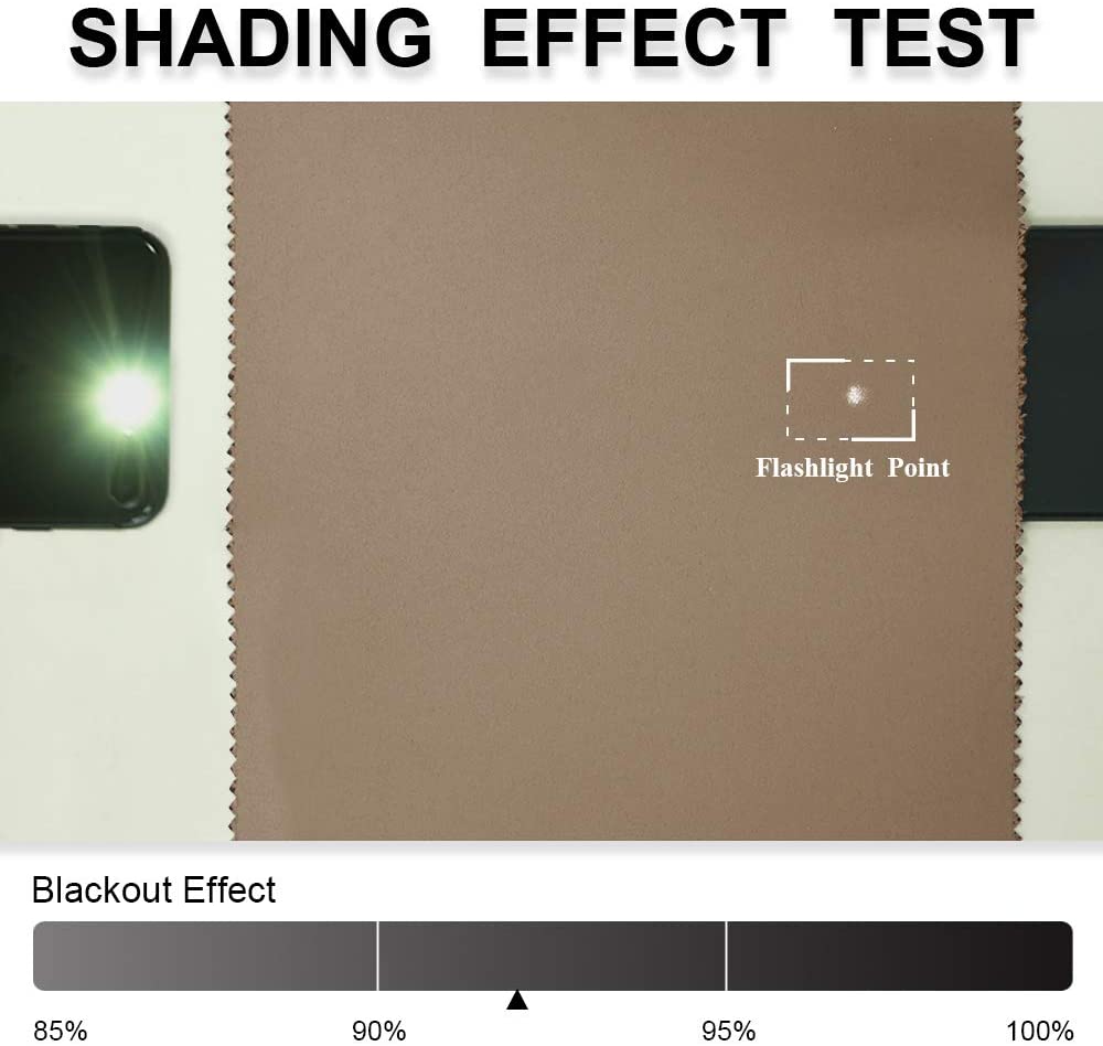 Taupe blackout weave curtain fabric with flashlight test, demonstrating 95% light blocking for thermal insulated grommet curtains.