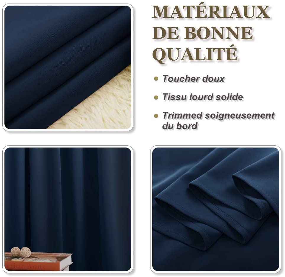 Close-up of premium navy blue thermal insulated blackout curtain fabric, showing its soft weave, heavy material, and quality finish.