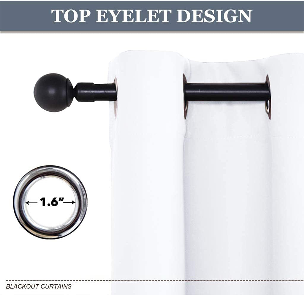 White thermal insulated blackout weave curtain showing the 1.6" metal grommet eyelet top design on a black rod for living room.
