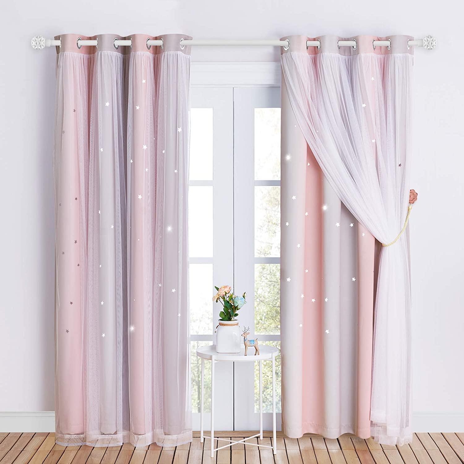 Star Cut Out Blackout Curtains With Sheer Curtain Overlay 1 Panel