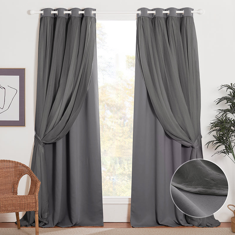 Blackout  Curtain With Crushed Voile Sheer Curtain Overlay 2 Panels