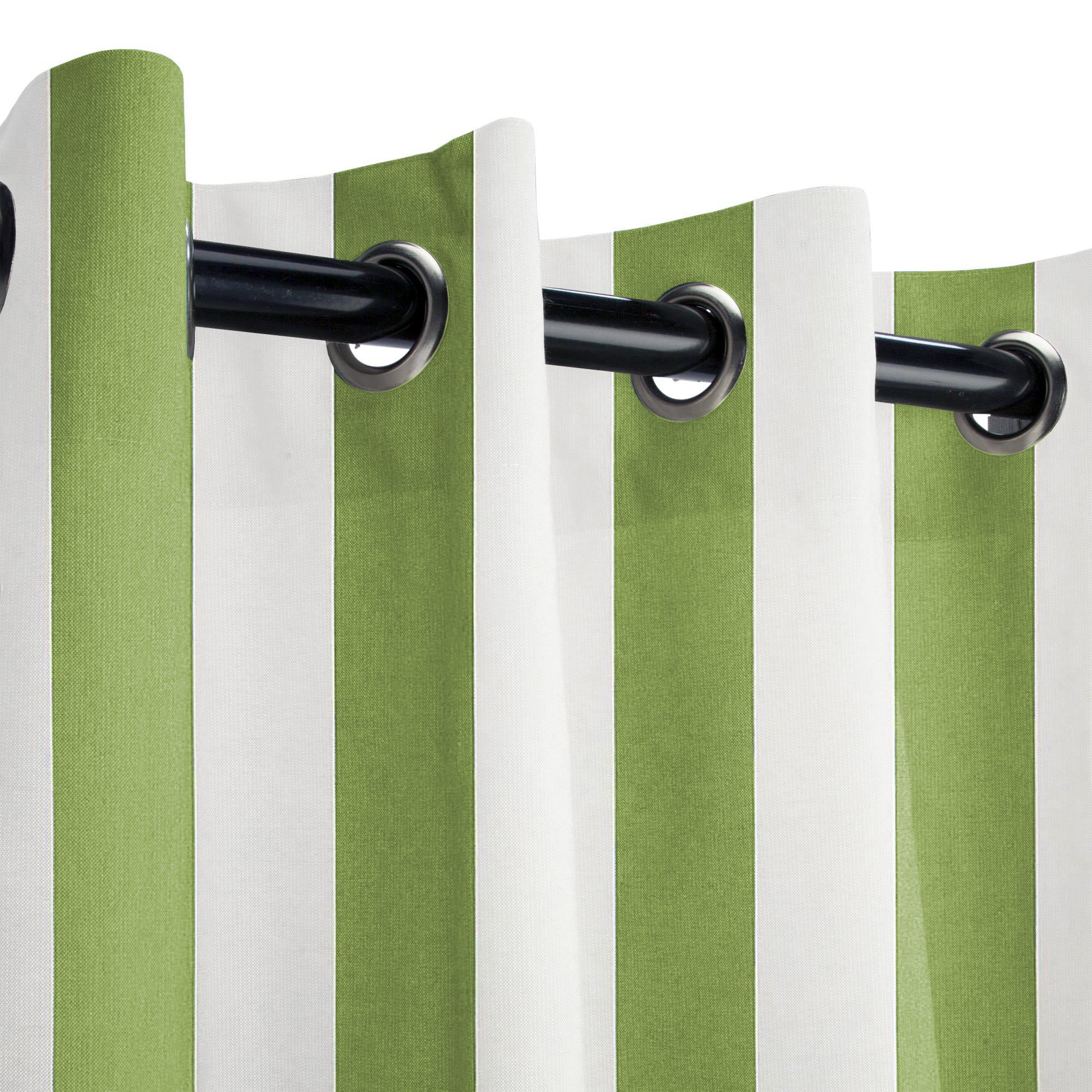 Close-up of KGORGE Fadenomore green and white striped outdoor curtain with durable grommet top, highlighting fade-resistant fabric.