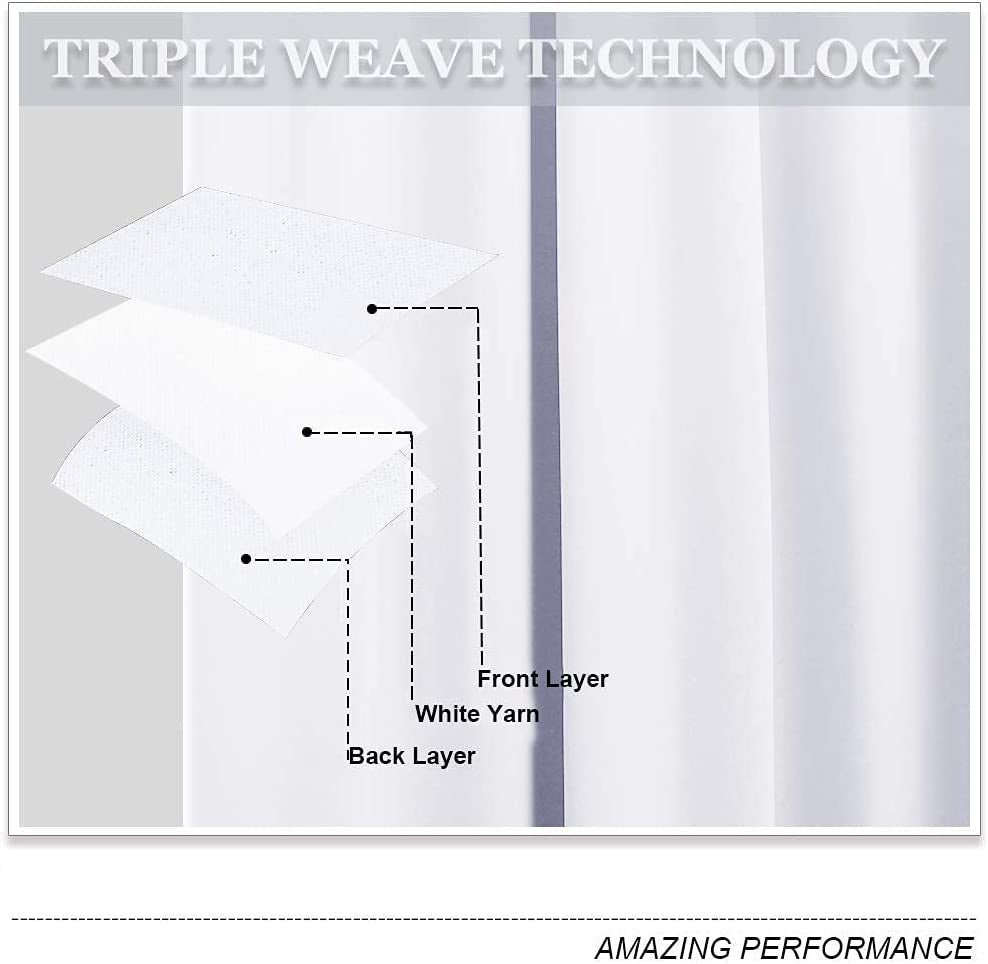 Triple weave technology diagram for blackout curtains, showing front layer, white yarn, and back layer for thermal insulation.