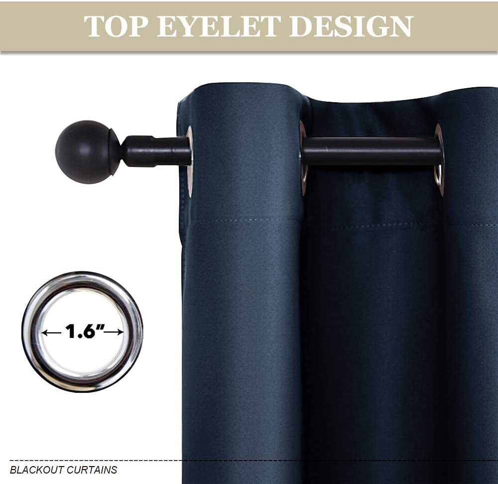 Close-up of dark blue thermal insulated blackout weave curtain with metal grommet hanging on a rod. Inset highlights 1.6" grommet diameter.