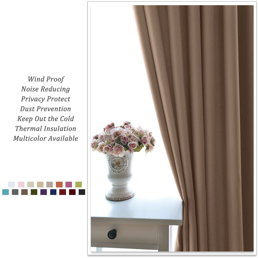 Taupe grommet thermal insulated blackout curtains for living room window, offering privacy, noise reduction, & cold protection.