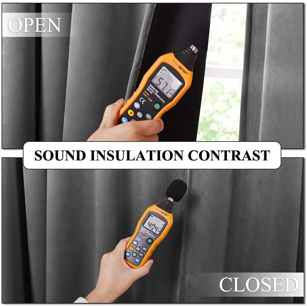 Gray velvet blackout drapes showing sound insulation, reducing noise from 57.7 dB open to 40.4 dB closed.