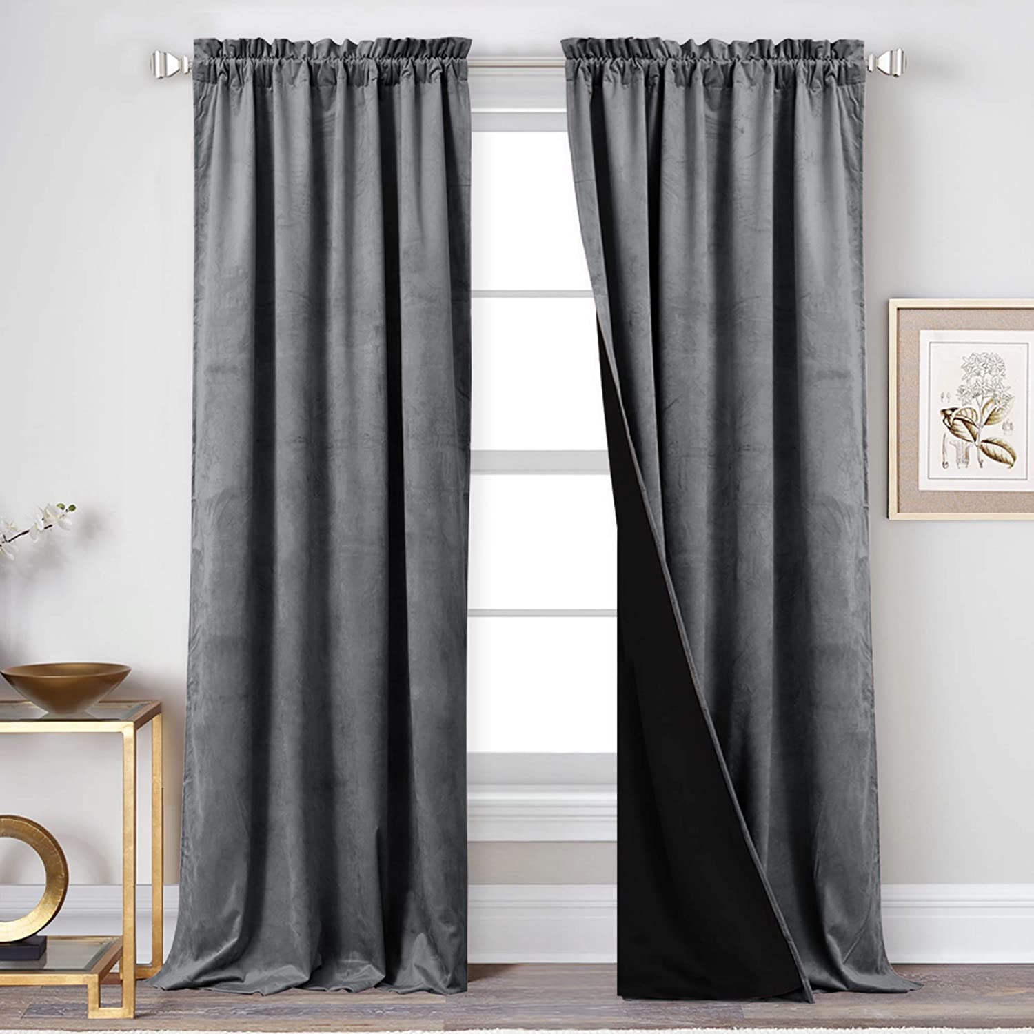Two gray velvet rod pocket curtains, one slightly open revealing blackout lining, offering room darkening and privacy.