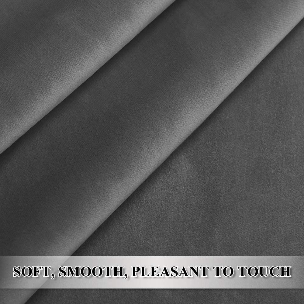 Close-up showing soft, smooth gray velvet blackout curtain fabric, highlighting its plush texture and elegant drape.