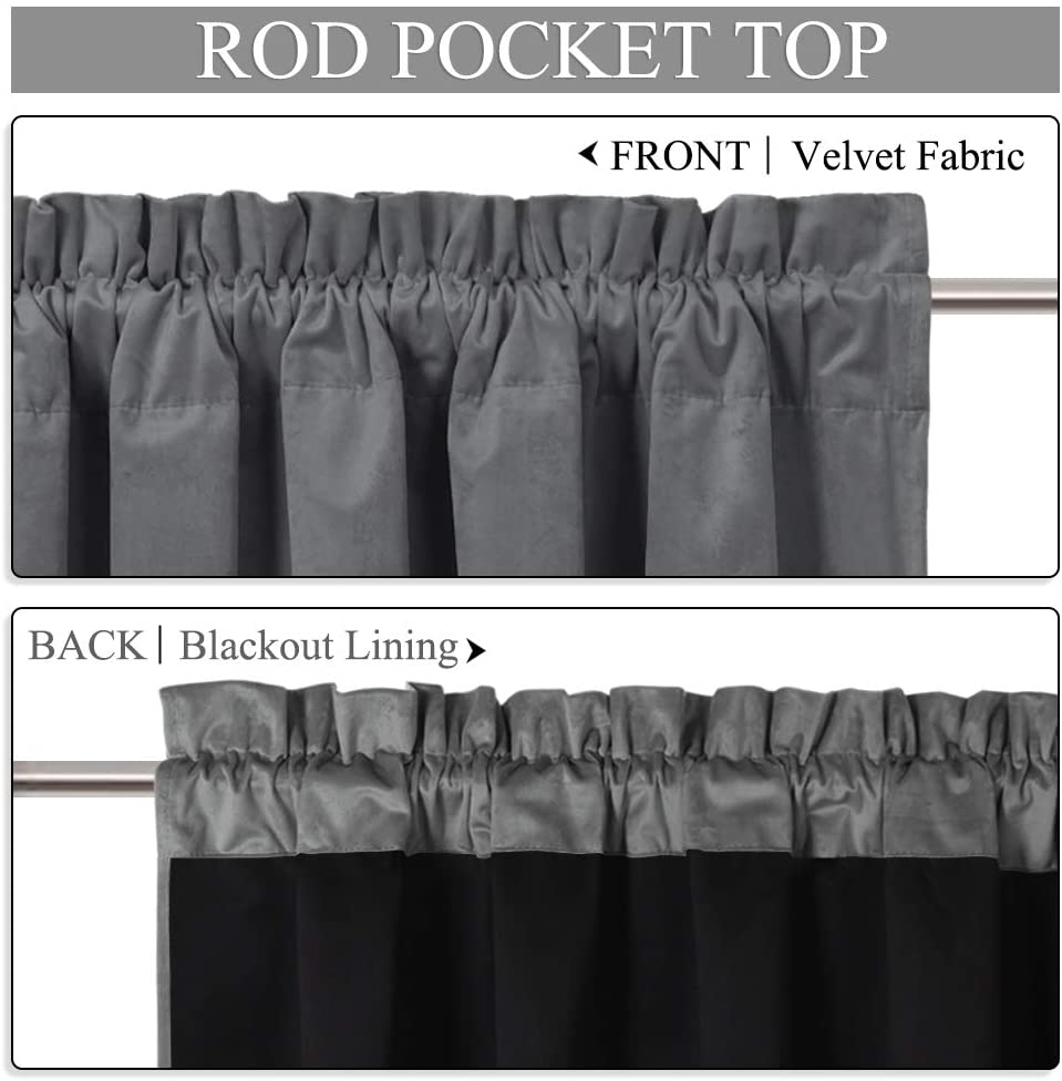 Close-up of gray velvet rod pocket curtain top. Insets show the velvet fabric front and the reverse with black blackout lining.