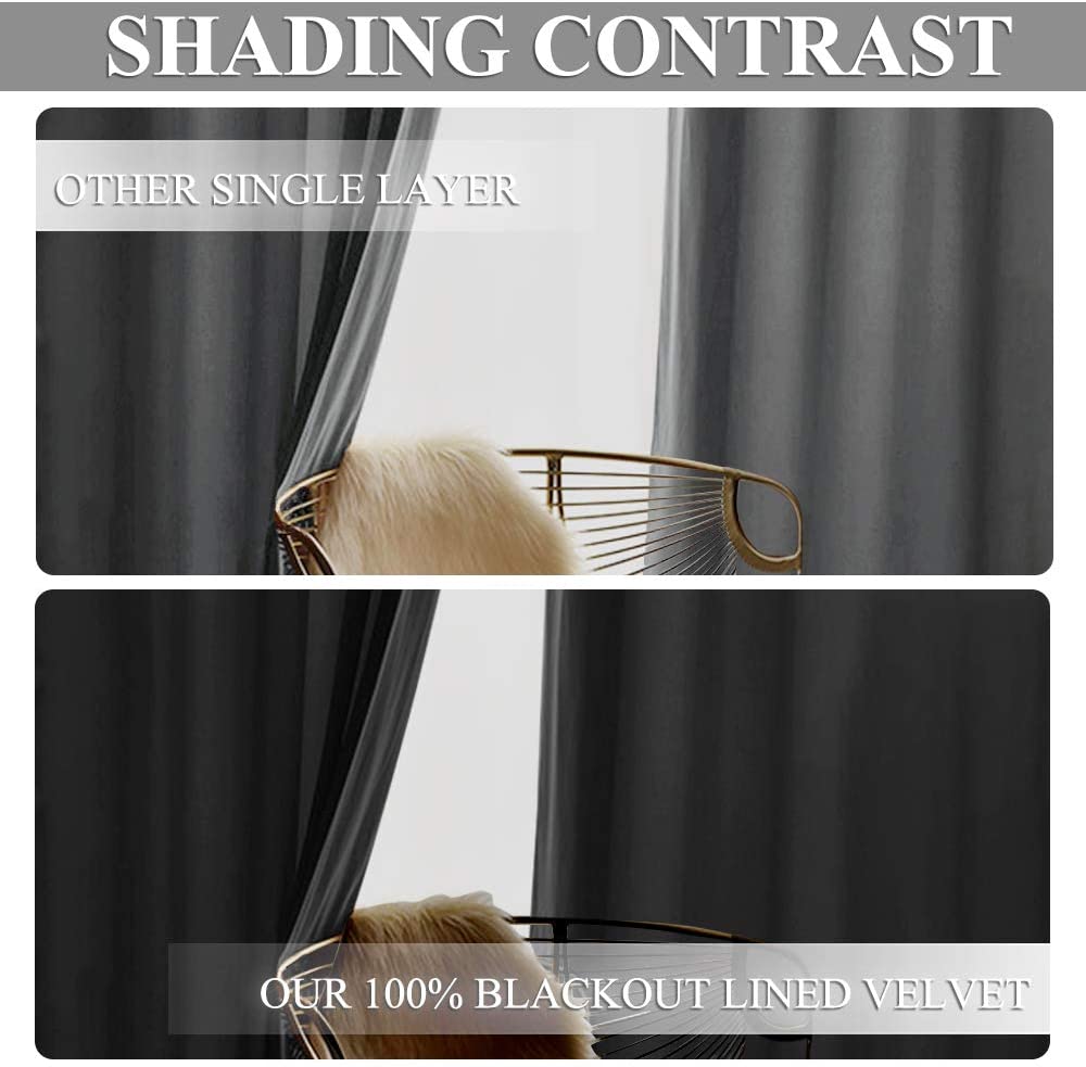 Shading contrast: light filtering single-layer gray curtain vs. 2-layer 100% blackout lined gray velvet drapes.