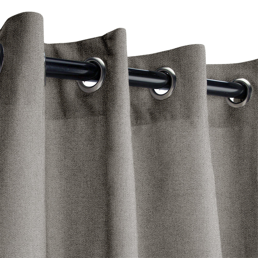 Grey Fadenomore outdoor curtain sample close-up, highlighting textured weatherproof fabric and silver grommets.