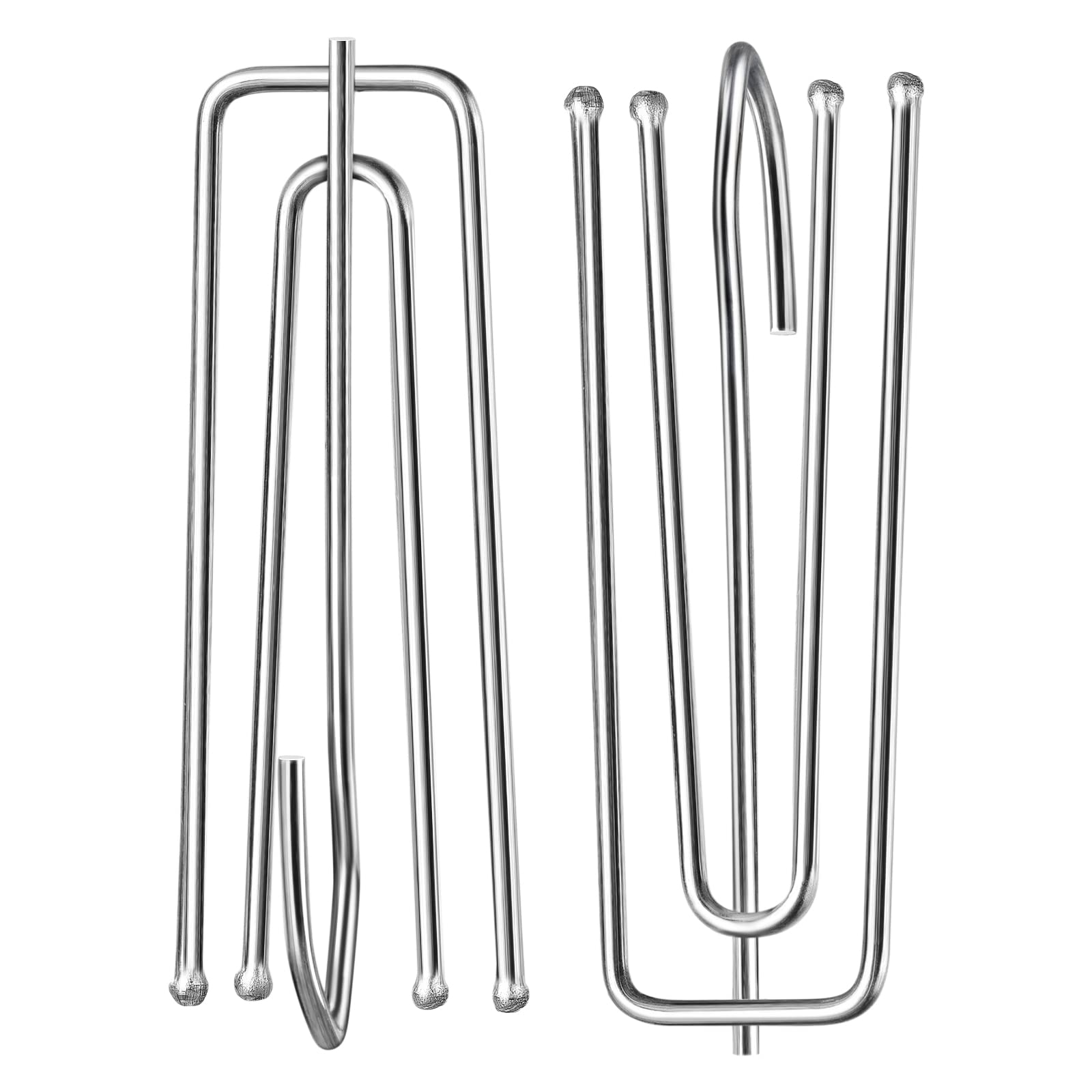Two stainless steel 4-prong pinch pleat curtain hooks for window or shower curtains, durable and rust-proof.