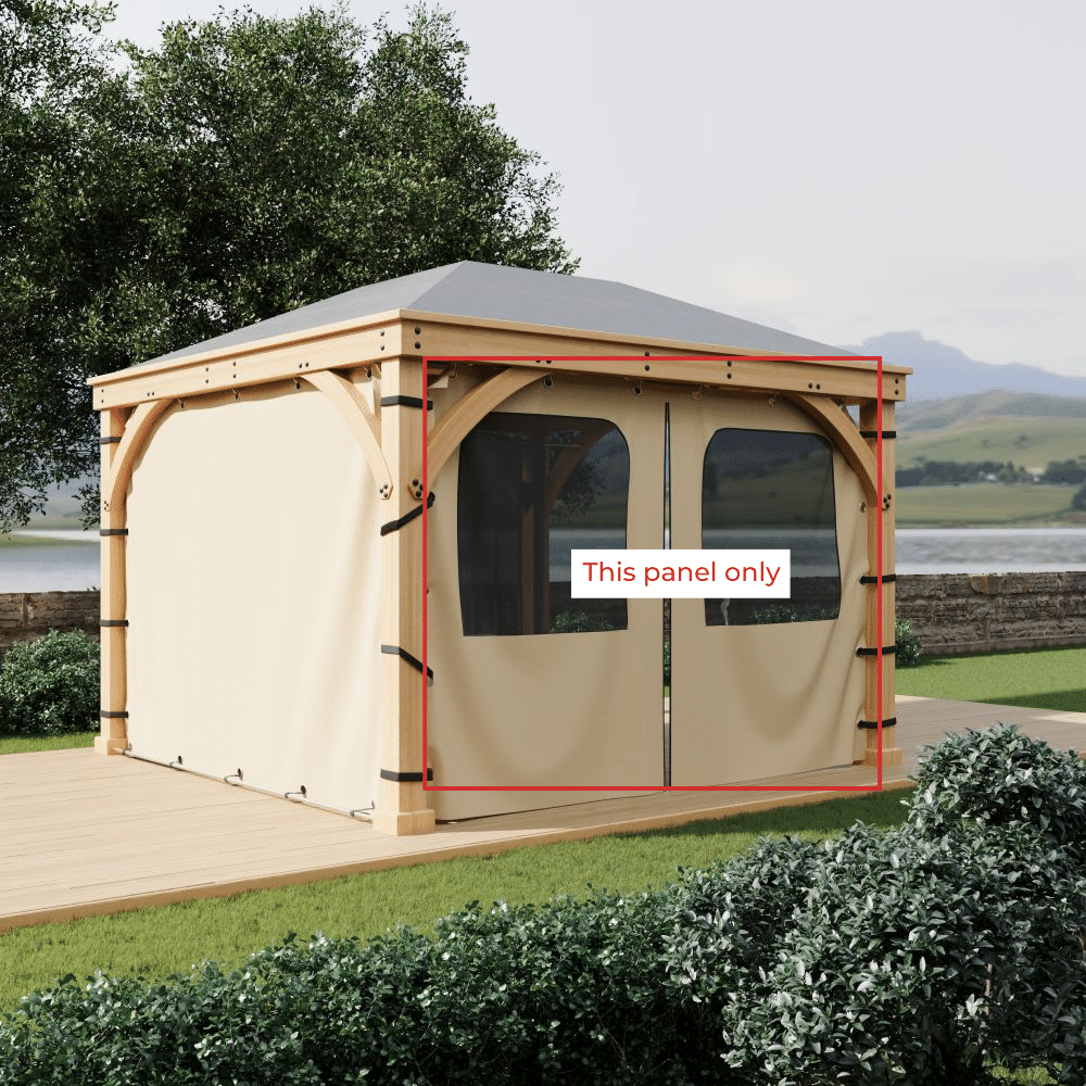 Beige waterproof outdoor canopy tent gazebo sidewall panel with mesh window and zipper door for pergola or porch.