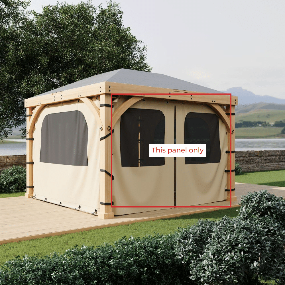 Beige waterproof outdoor sidewall panel for pergolas & gazebos, featuring dual mesh windows and a central zipper door.