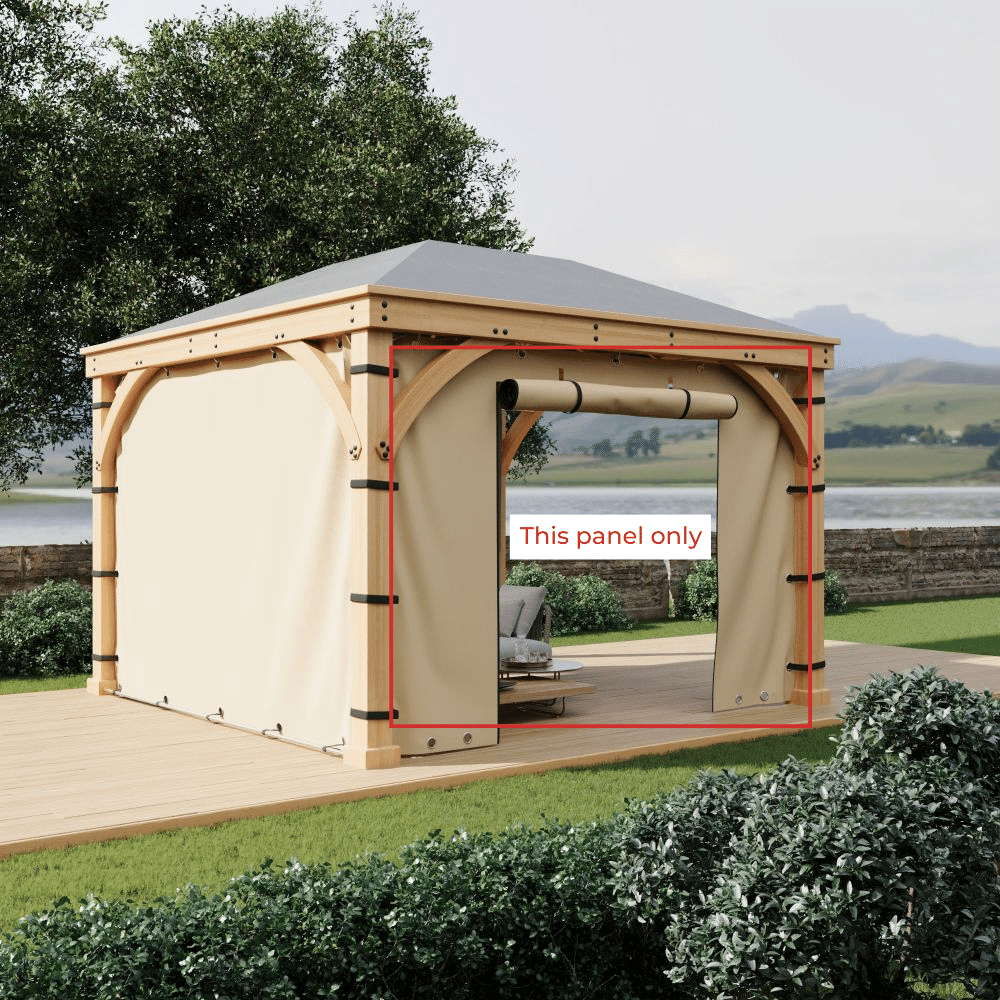 Beige waterproof outdoor gazebo sidewall panel rolled up, revealing a zipper door. Perfect for patio shade & privacy.