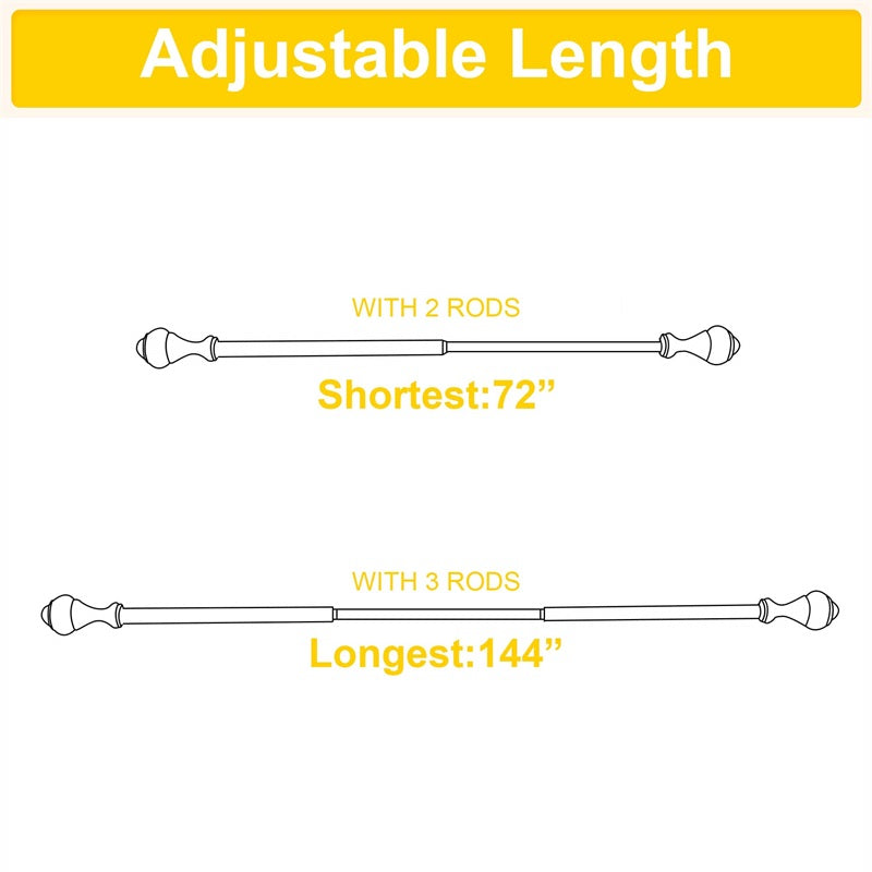 Adjustable length outdoor curtain rods: 72" (2 rods) and 144" (3 rods) configurations with oval finials.