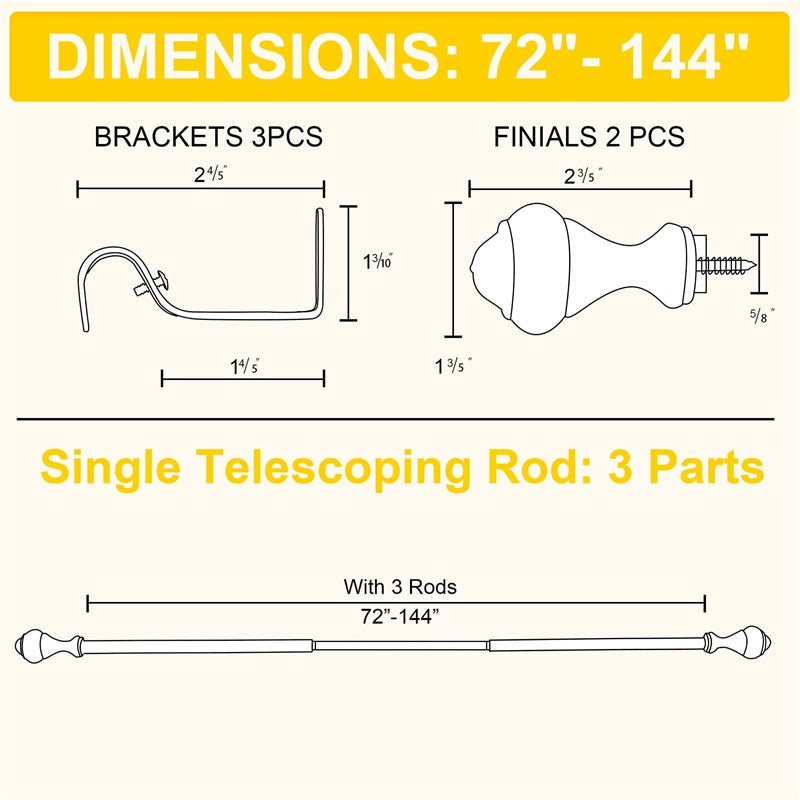 Diagram of 72-144 inch adjustable outdoor curtain rod, showing dimensions of brackets, oval finials, and telescoping rod parts.