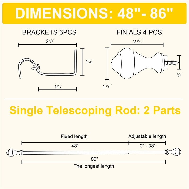 Diagram showing dimensions for adjustable outdoor curtain rod components: oval finials, mounting brackets, and telescoping rod length.